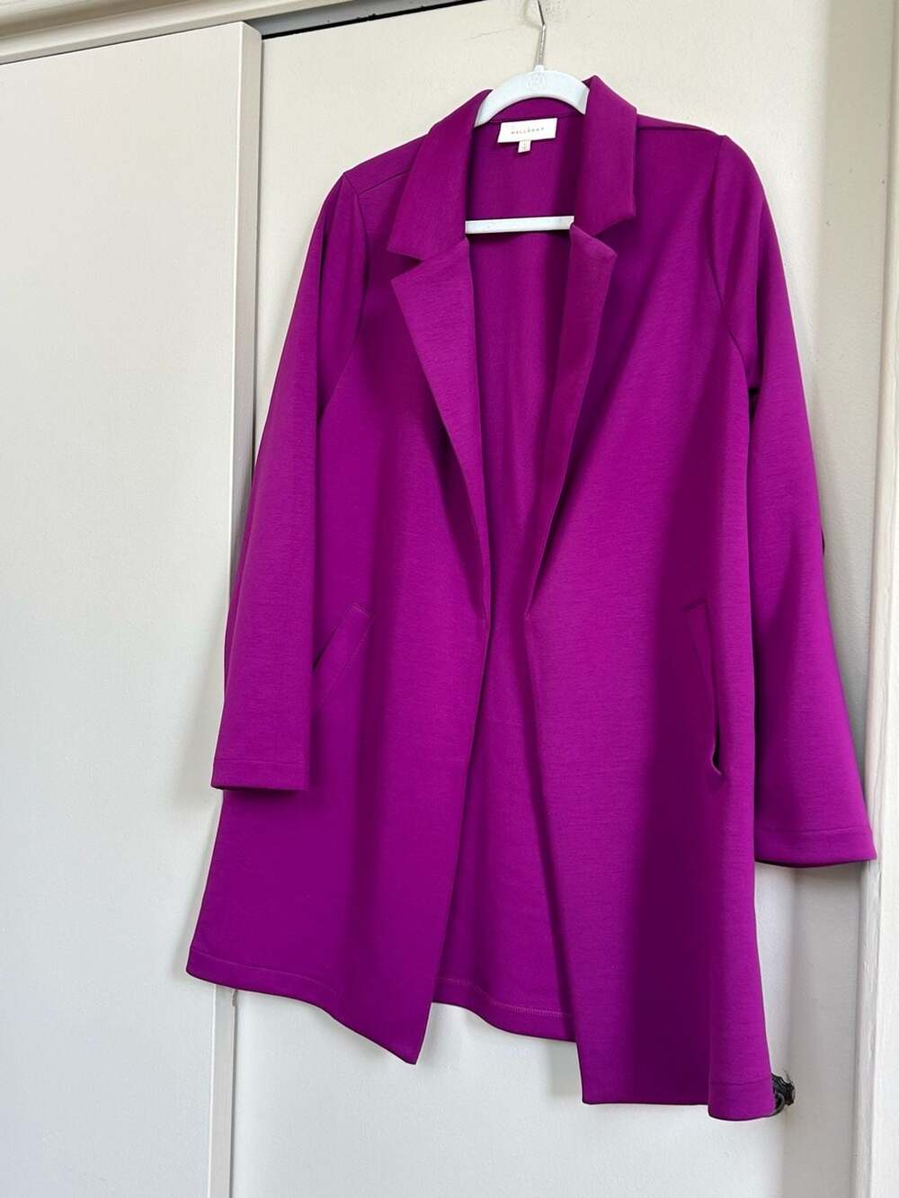 Melloday Magenta Open Front Long Blazer Jacket with Notched Lapel